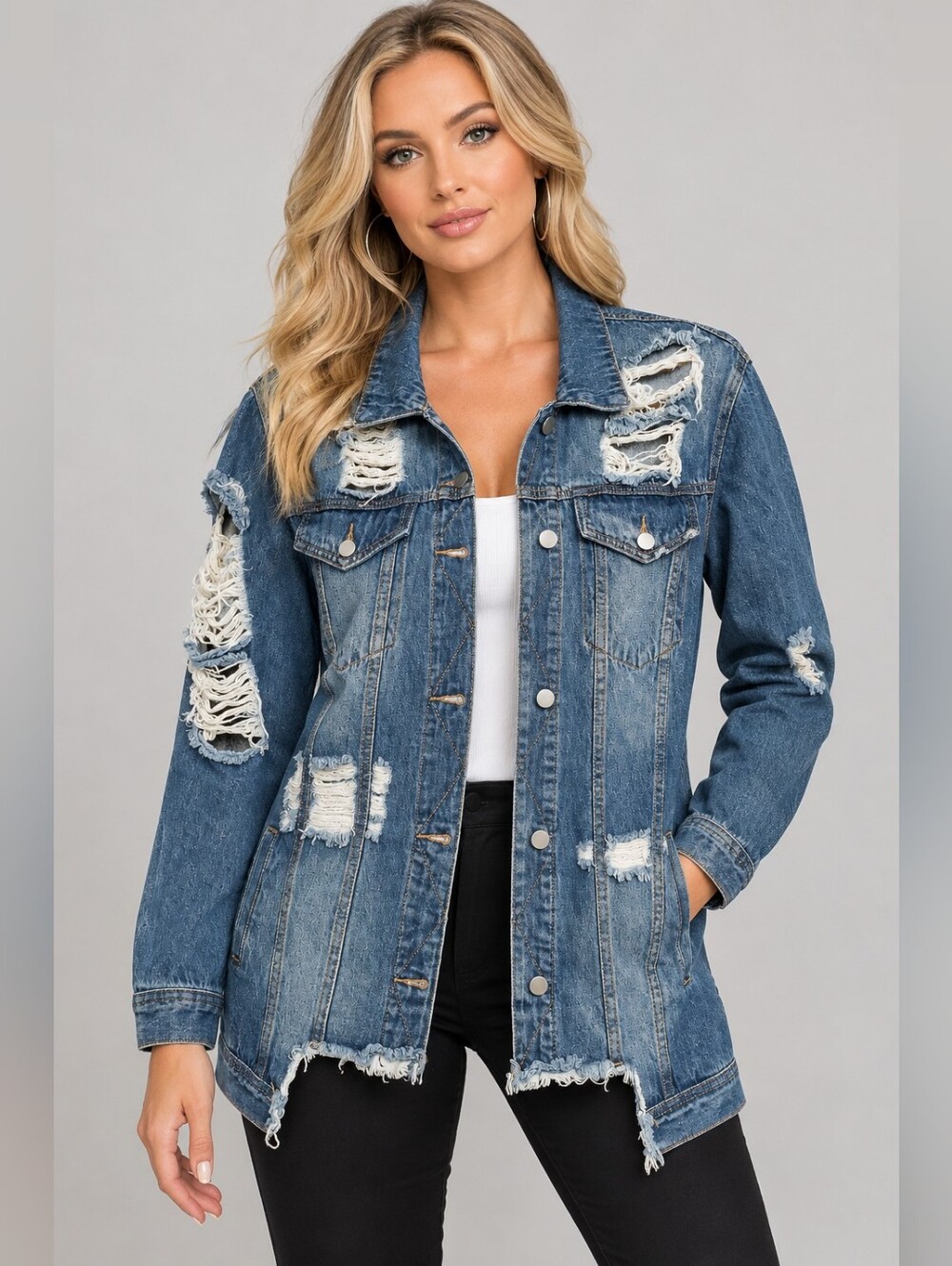 AKIRA Chicago Black Label Distressed Denim Jean Jacket Sz M
